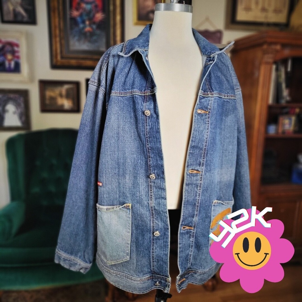 Y2K Rocawear Denim Jacket Mens Vintage 2000s ButtonUp Embroidered Streetwear XL